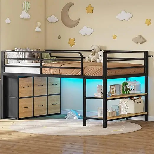 Twin Size Low Loft Bed with 6 Drawers, LED Lighting, 2-Tier Shelves, and 15-Step Safety Ladder for Kids