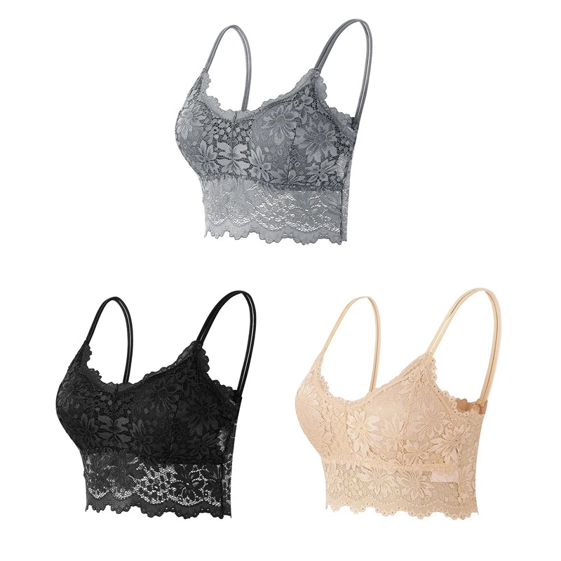3PCS Women's Lace Top Comfortable Bralette, Solid Color Underwear Vest.