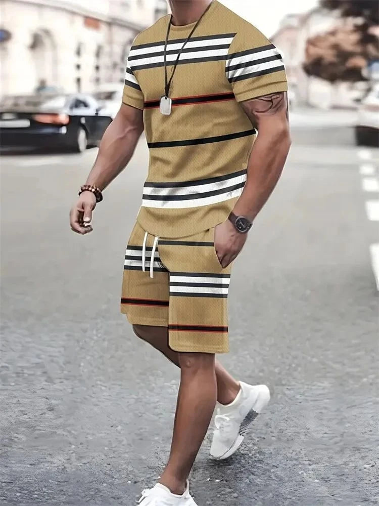 Men short sleeved shirt outdoor breathable, quick drying street fashion casual round neck T-shirt shorts set.