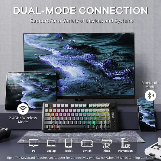 Clavier de jeu à membrane sans fil ATTACK SHARK M75, avec molette et écran OLED Bluetooth/2,4 Ghz Rétroéclairage arc-en-ciel Capuchons de touches PBT dégradés.
