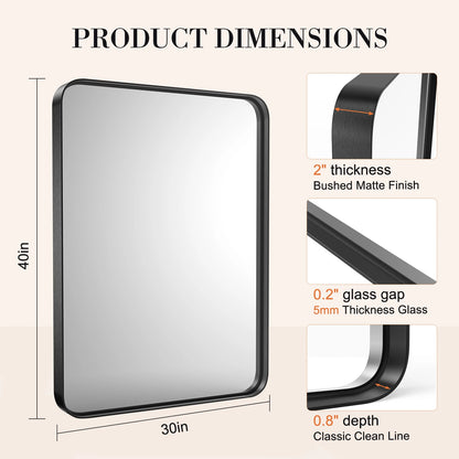 Metal Framed Bathroom Mirror Rectangle Rounded Corner Tempered Glass