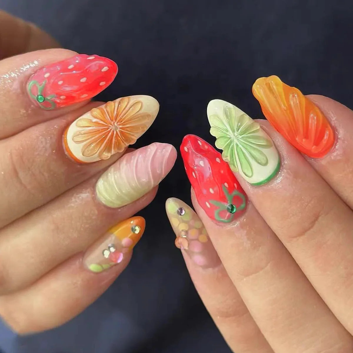 24Pcs Mid-length Almond Press on Fake Nails,3D Ripple Heart ,Pearl Star, Blue Smudge Detachable Full Cover Nails Tips.