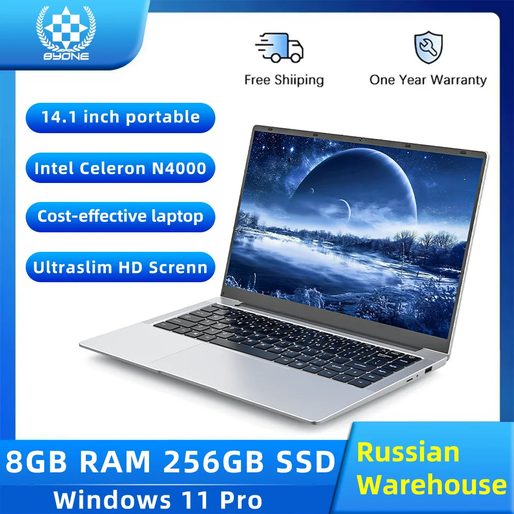 BYONE 14 Inch Low Price Laptop, Intel Celeron N4000 8GB RAM, 256GB, 512GB, SSD HD Screen, Office Learning Portable Laptops.