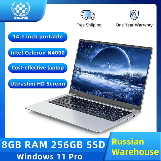 BYONE 14 Inch Low Price Laptop, Intel Celeron N4000 8GB RAM, 256GB, 512GB, SSD HD Screen, Office Learning Portable Laptops.
