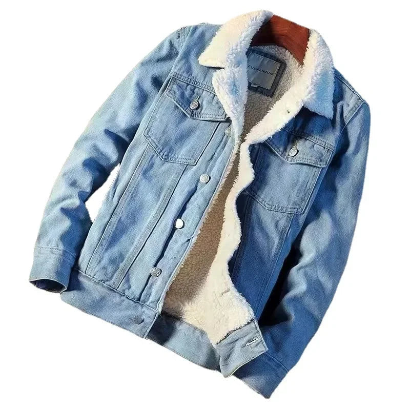 Winter Fleece-lined Thickened Denim Jacket  Loose Fit.