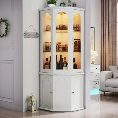 Corner Bar Cabinet w/LED Lights, Home Bar Liquor Storage, Tempered Glass Door & Adjustable Shelves.