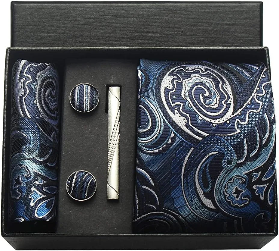 100% Silk Necktie Paisley Floral Men Business Tie, Pocket Square ,Tie Clip ,Cufflinks Set  Gift Box.