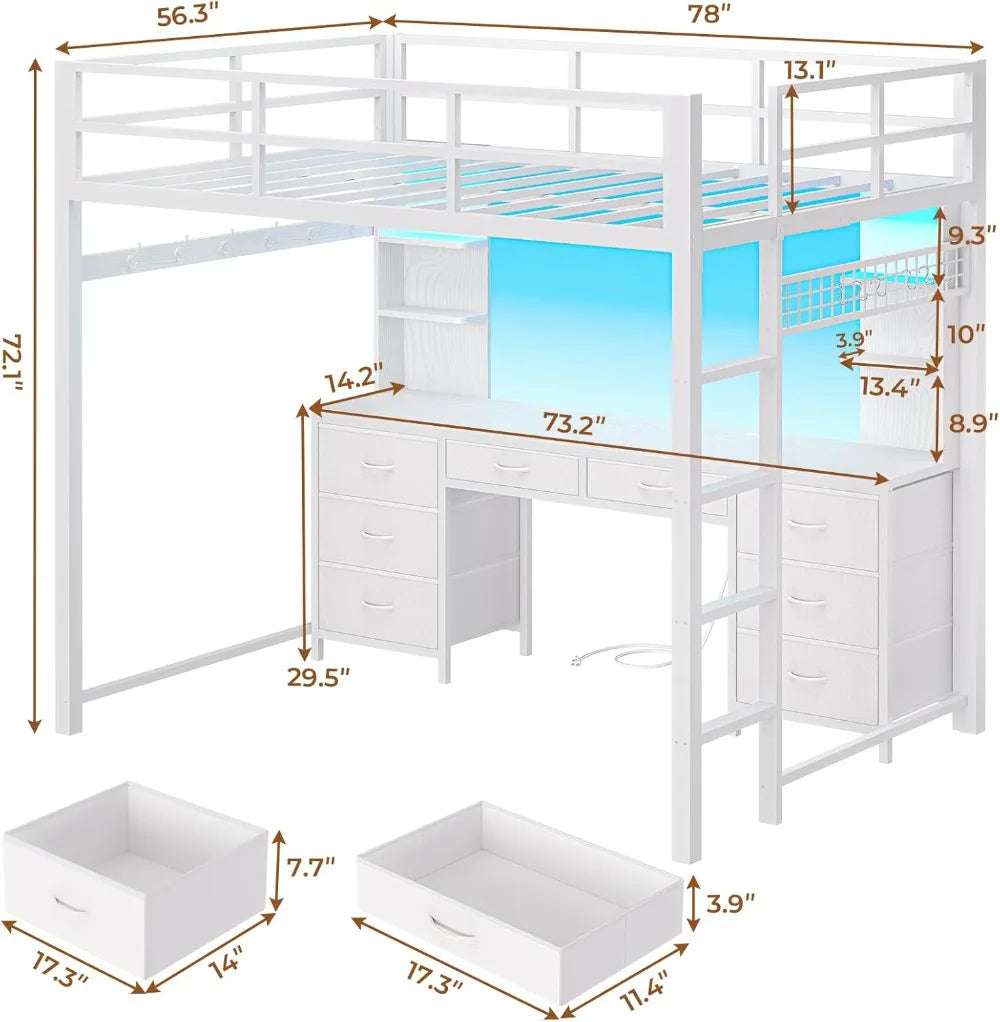 Full Metal Loft Bed with Desk, 8 Drawers Storage, Charging Station & LED Lights, Space-Saving.