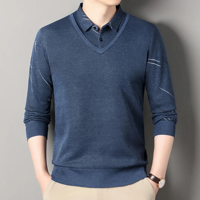 Men Fleece Lining Sweater Autumn Winter Pullover, Polo Shirt Collar Fake Two Piece Casual Knitwear.