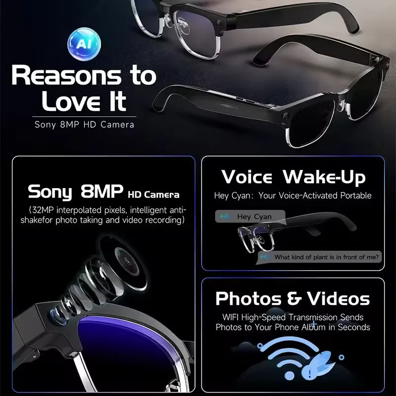 New1080P Anti-shake, Video Recording, 800W HD Smart Glasses,100+Language Translation, WIFI Transmission Call, AI Chat Glasses.