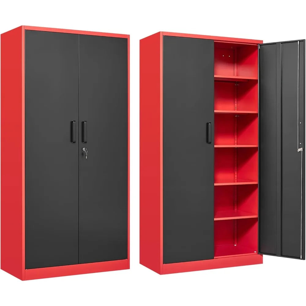 Garage Storage Cabinet with 5 Adjustable Shelves, Metal Storage Cabinet with Lock, Red Black Metal.