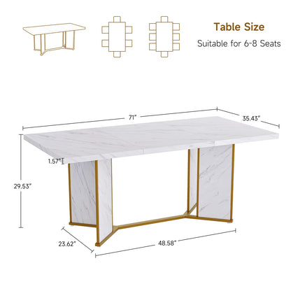 71 Inch Rectangular Dining Table for 6 to 8 People,  Marble  Kitchen Table Gold.