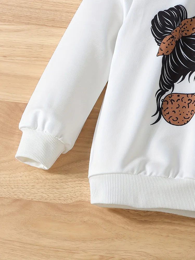 2-Piece Set for Girls: Autumn Portrait Print Round Neck Long-Sleeve Sweatshirt Pants Set.