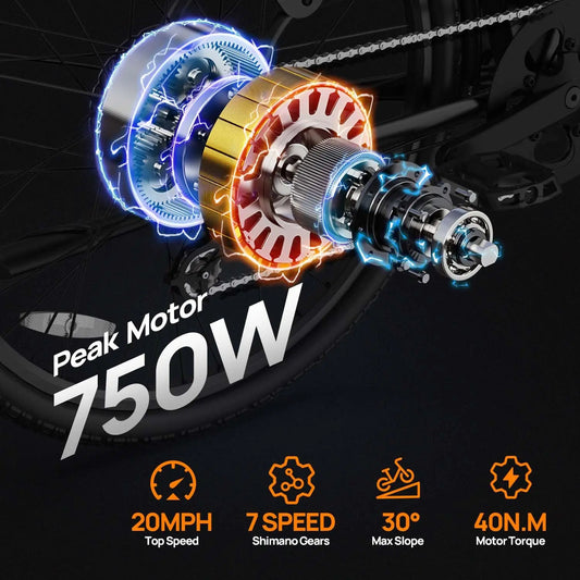 750W E26 Electric Bike 26x2" Commuter 48V 10.4Ah Removable Battery, 20MPH Speed 7-Speeds LCD Display.