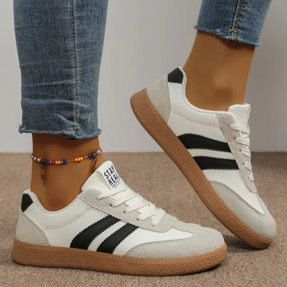 Lightweight Comfortable Sneakers for Women, Fashion Striped Lace Up Sports Shoes Plus Size.