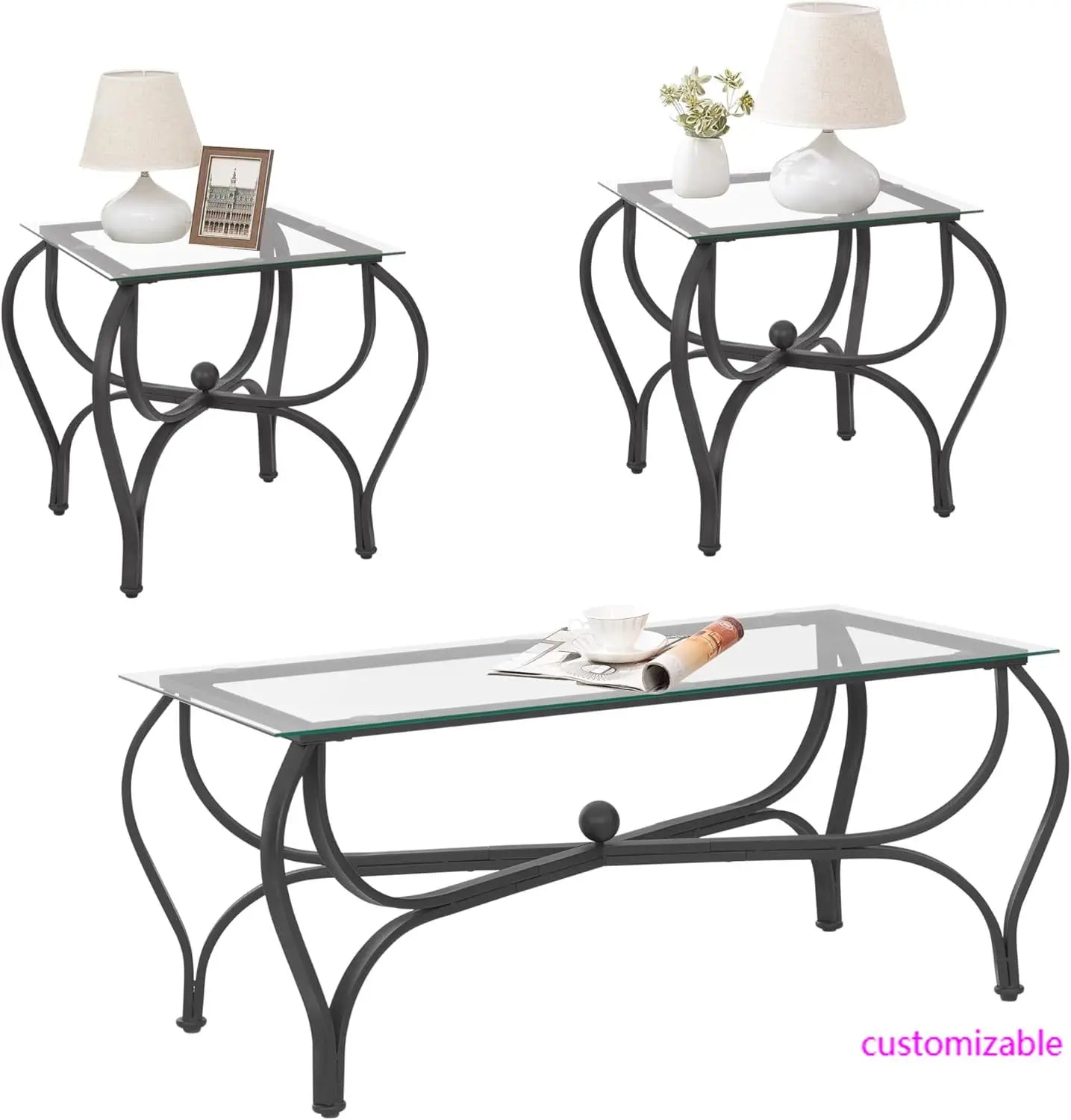 3-Piece Coffee Table Set, Tempered Glass Surface Living Room Sets, Coffee Table & 2 End Side Table, Metal Frame.