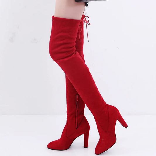 Women Over The Knee Boots, High Heel Slip on Pointed Toe Long Boots.