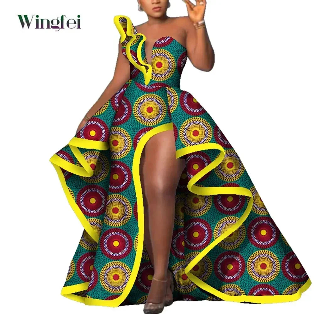 Dashiki Party Dresses Fashion Robe Floral Print Maxi, Long Strapless African Dresses for Women WY6981.