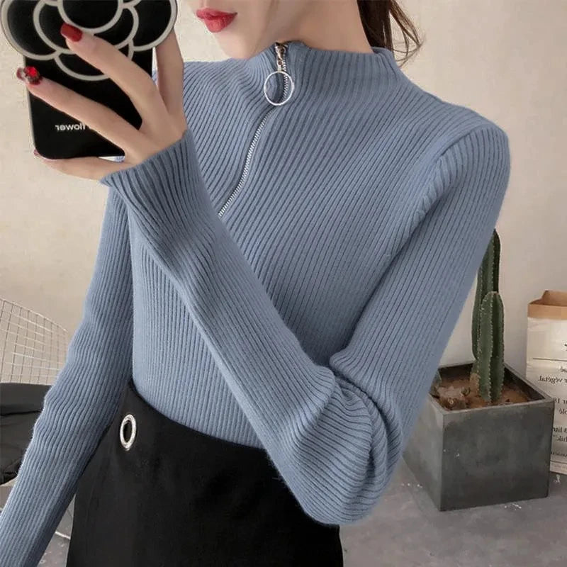 Knitted Women Zipper Half High Neck Sweater Solid Knitwear.
