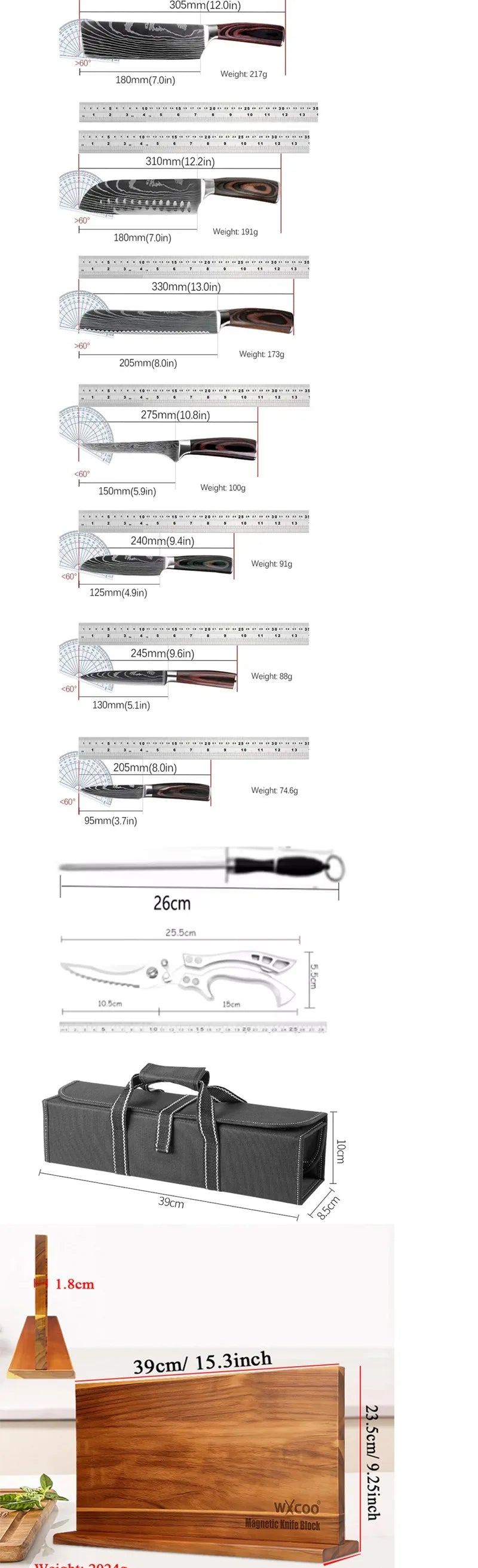 Damascus Steel Kitchen Knives VG10 Steel Fish Boning Knife Meat Cleaver Fruit Utility Cutter with Long Magnetic Knife Block
