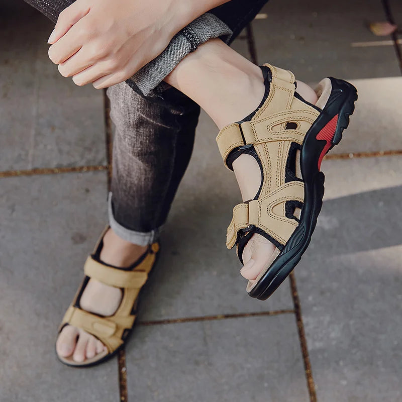 COW LEATHER Men Sandals Outdoor Beach Sports Shoes, Genuine Leather Roman Sandals Plus Size 38-48.