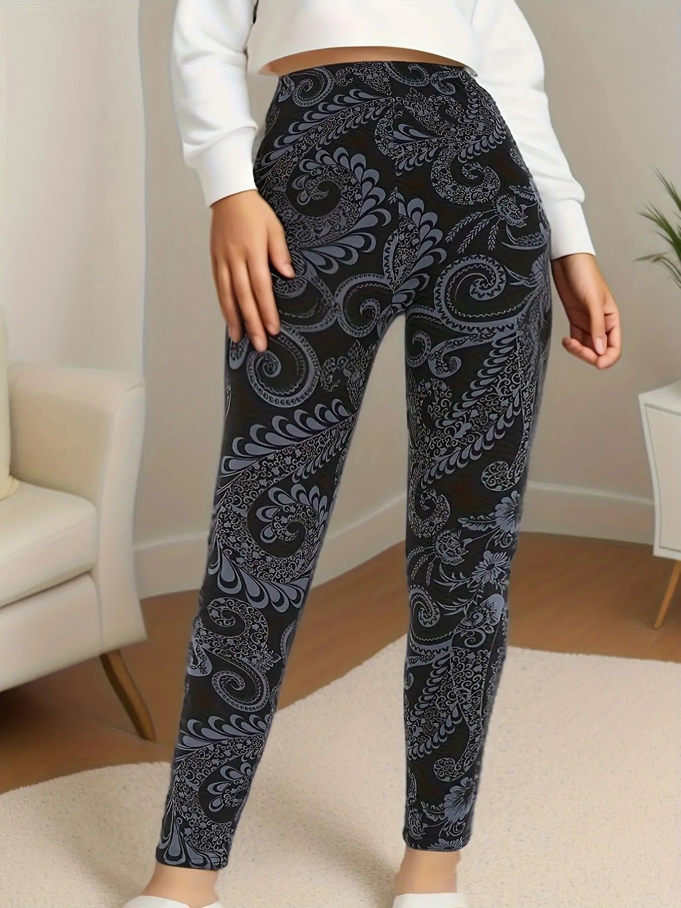 Plus Size Super Elastic Fashion Tight Pants, Black Bottom, Flower Vine pants.