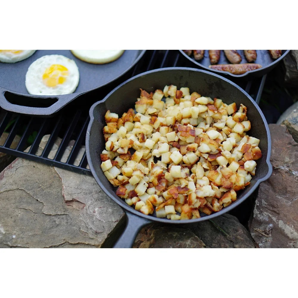 Pre-Seasoned Cast Iron Skillet 10.5 Inch, Heat Distribution Versatile Cooking Nonstick Surface, Campfire Safe Easy Drain Pour.