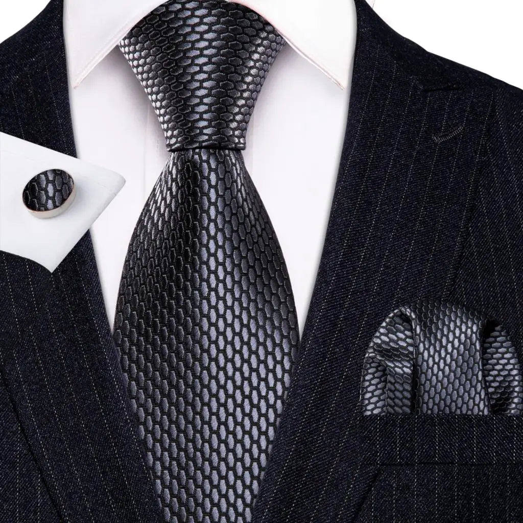 Black White Gray Silver Men Tie Handkerchief Cufflinks Set.