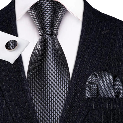 Black White Gray Silver Men Tie Handkerchief Cufflinks Set.
