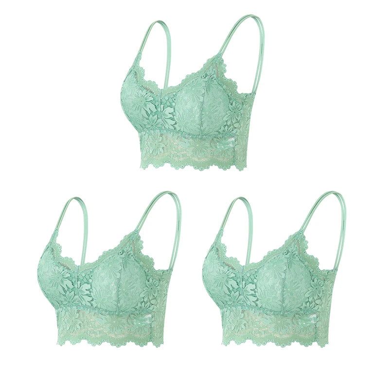 3PCS Women's Lace Top Comfortable Bralette, Solid Color Underwear Vest.