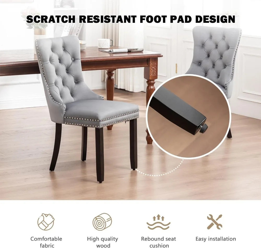 Velvet Dining Chairs Set of 4, Upholstered with Ring Pull Trim, for Kitchen & Living Room in Grey.