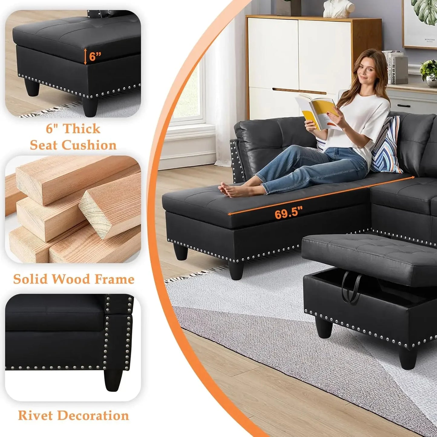 Sectional Sofa Couch, Modern 4-Seaters Living Room Furniture Sets, with Chaise Lounge, Ottoman & 2 Pillows | L Shape Couch.