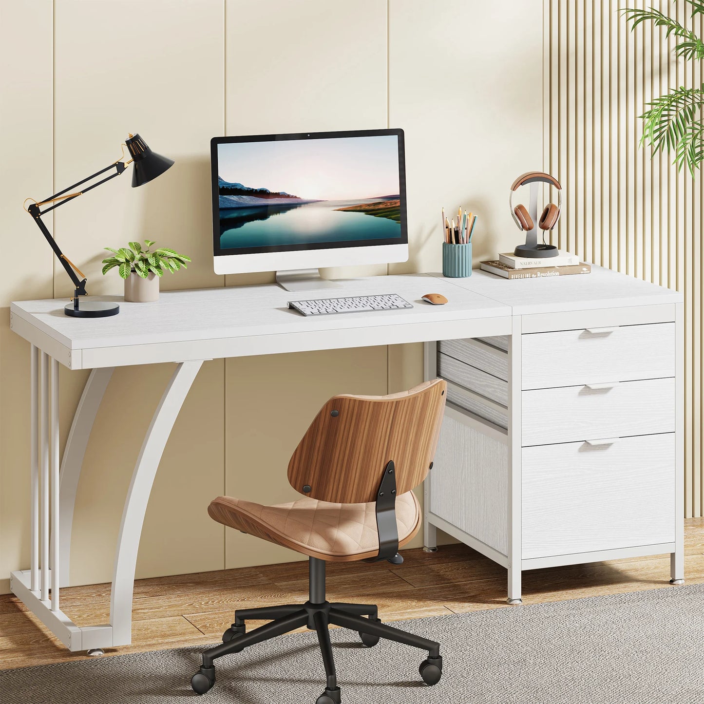 Computer Desk with 3 Drawers, 59-Inch PC Desk with Reversible Drawers, Industrial Study Table Workstation.