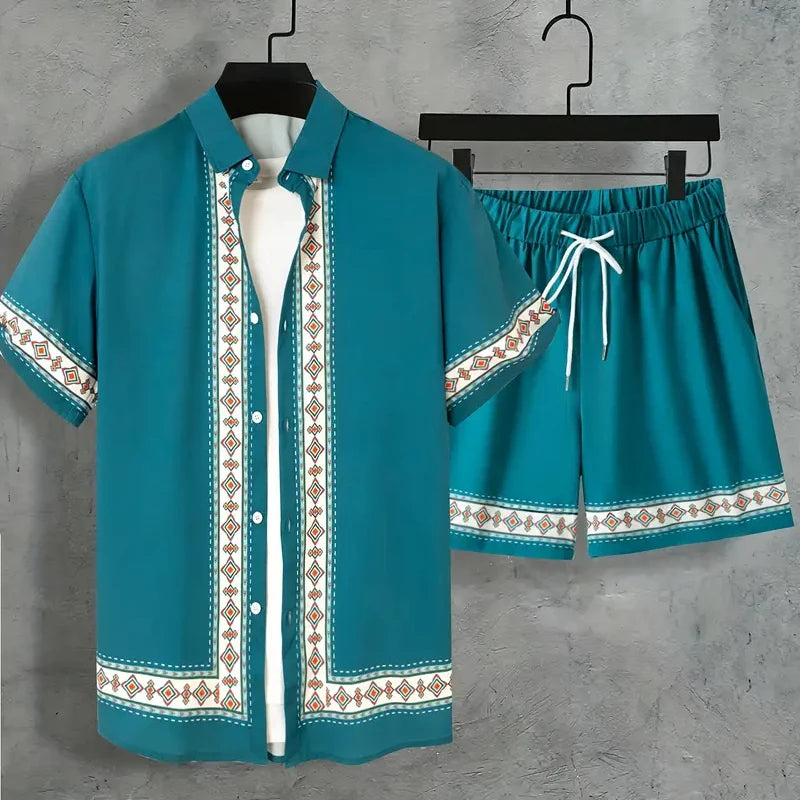 New Men Summer Holiday Suit Textured Printed Shirt Short Sleeve, Two Piece Men Breathable Pool Suit.