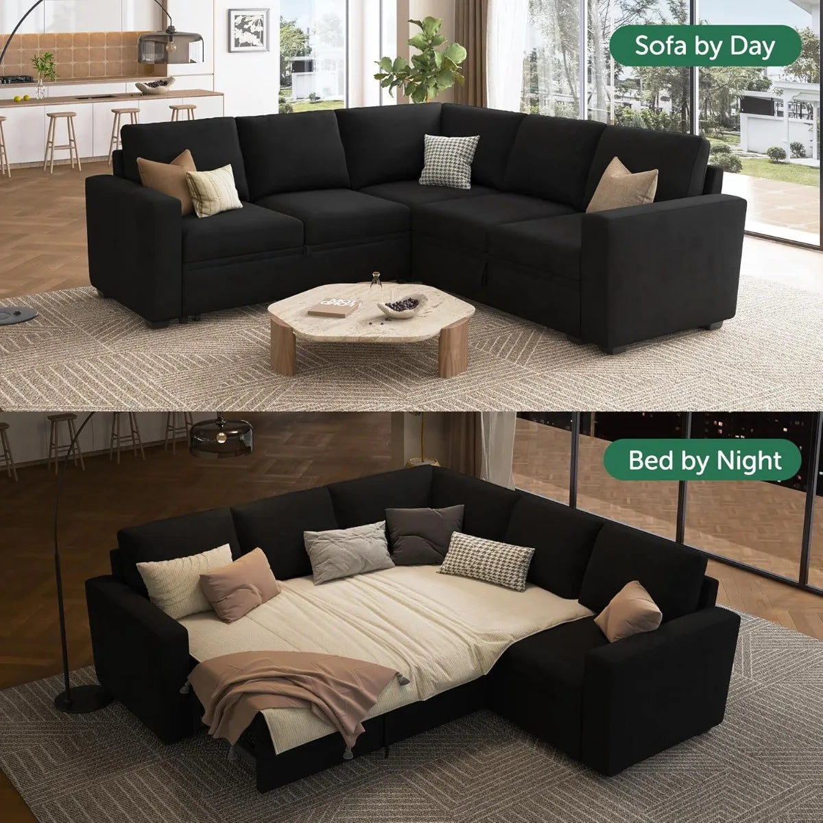 L-Shaped Sleeper Sofa with Pull Out Bed, Velvet Sectional with Storage, Black.
