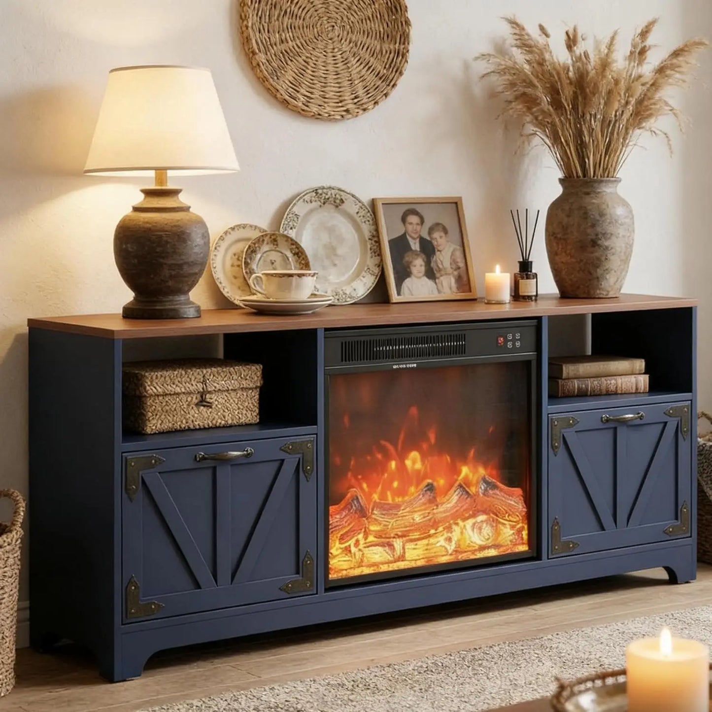 Fireplace TV Stand for Living Room, Farmhouse Entertainment Center with 23" Electric Fireplace for TVs UP to 65",, Customized.