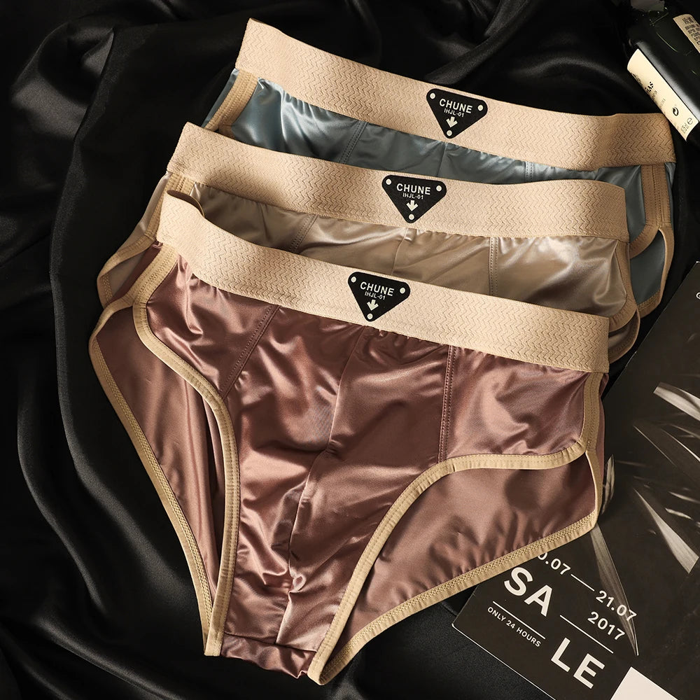 3PCS/Pack Luxury Satin-like Men Briefs, Ice Silk Hygroscopic Breathable Mesh Crotch High Elastic Men Underwear.