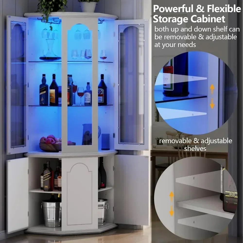 Corner Bar Cabinet w/LED Lights, Home Bar Liquor Storage, Tempered Glass Door & Adjustable Shelves.