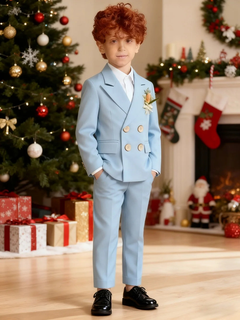 Boys Light Blue Sophisticated Double Breasted 2 Piece Suit Jacket Trousers.
