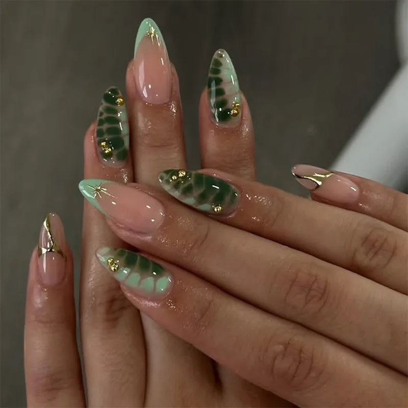 24Pcs Mid-length Almond Press on Fake Nails,3D Ripple Heart ,Pearl Star, Blue Smudge Detachable Full Cover Nails Tips.