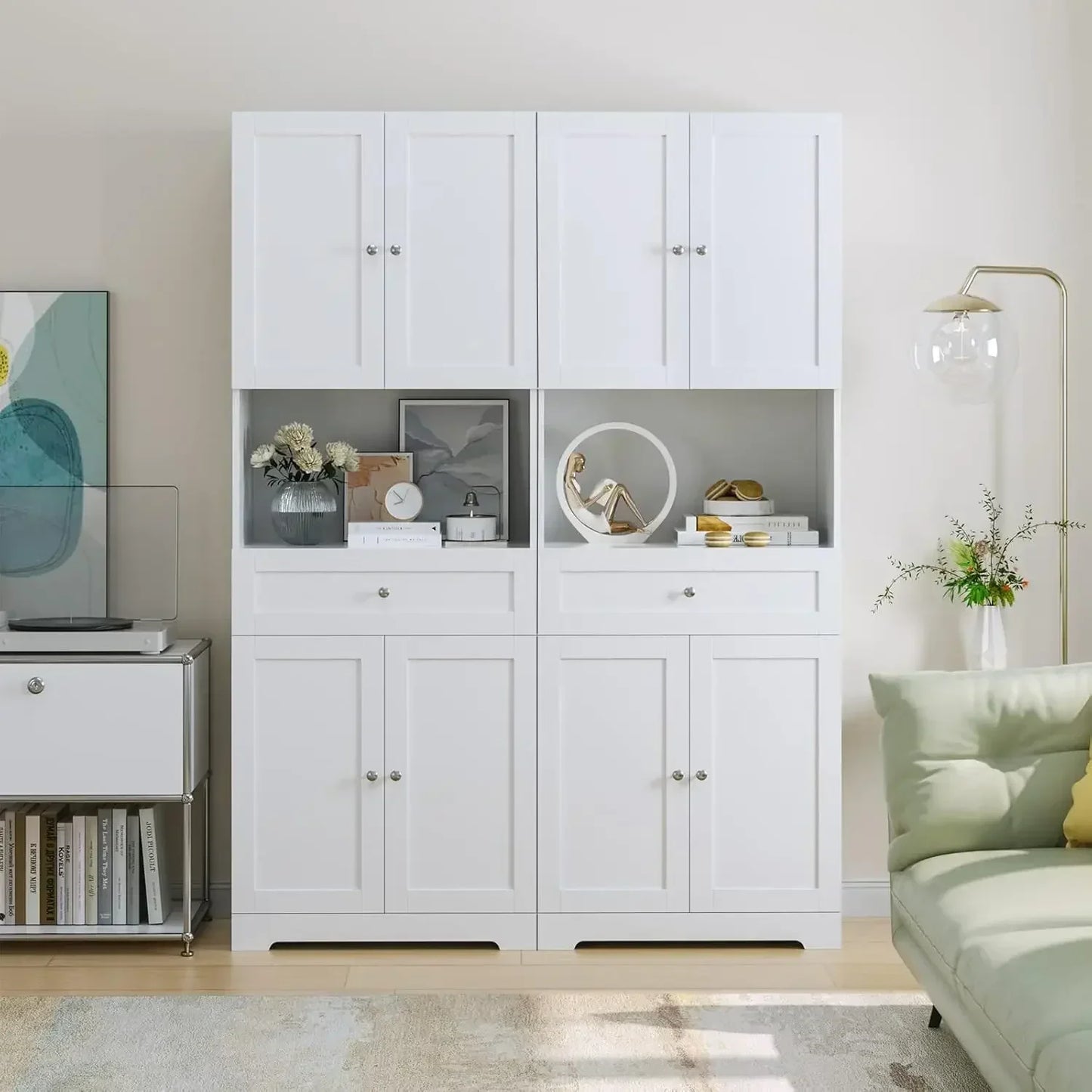 67.5 Tall 4-Door 1-Drawer Kitchen Pantry Cabinet with Open Countertop & Adjustable Shelves for Dining & Living Rooms (White)