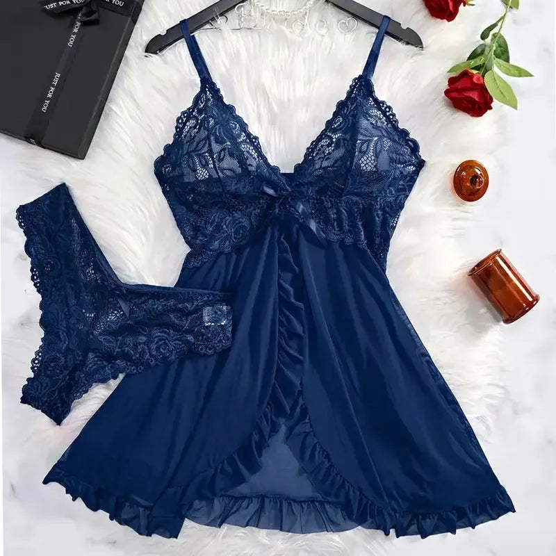 White Sexy Contrast Lace and Mesh, Ruffle Baby doll Nightgown V-neck, Open Bra, Nighties.