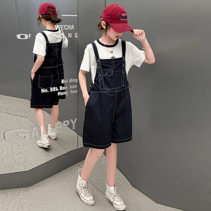 Girls Fashion Denim Overalls Medium, Big Children's Casual Loose Denim