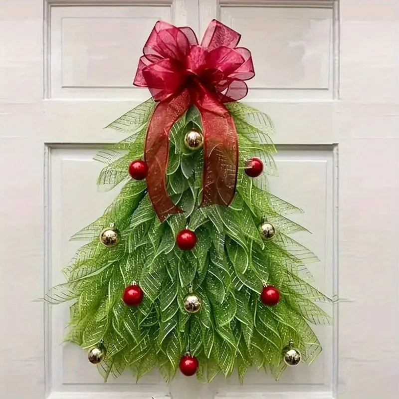 Elegant Door Decoration Red Ribbon ,Greenery & Golden Balls ,Easy Hang