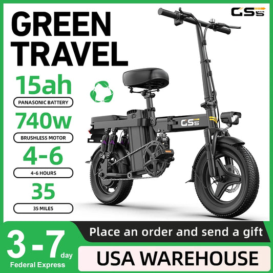 GS5 48V 15AH Battery E-Bike, 30+MPH, 740W Folding Bike,35 Miles Max Range14" Fat Tire.