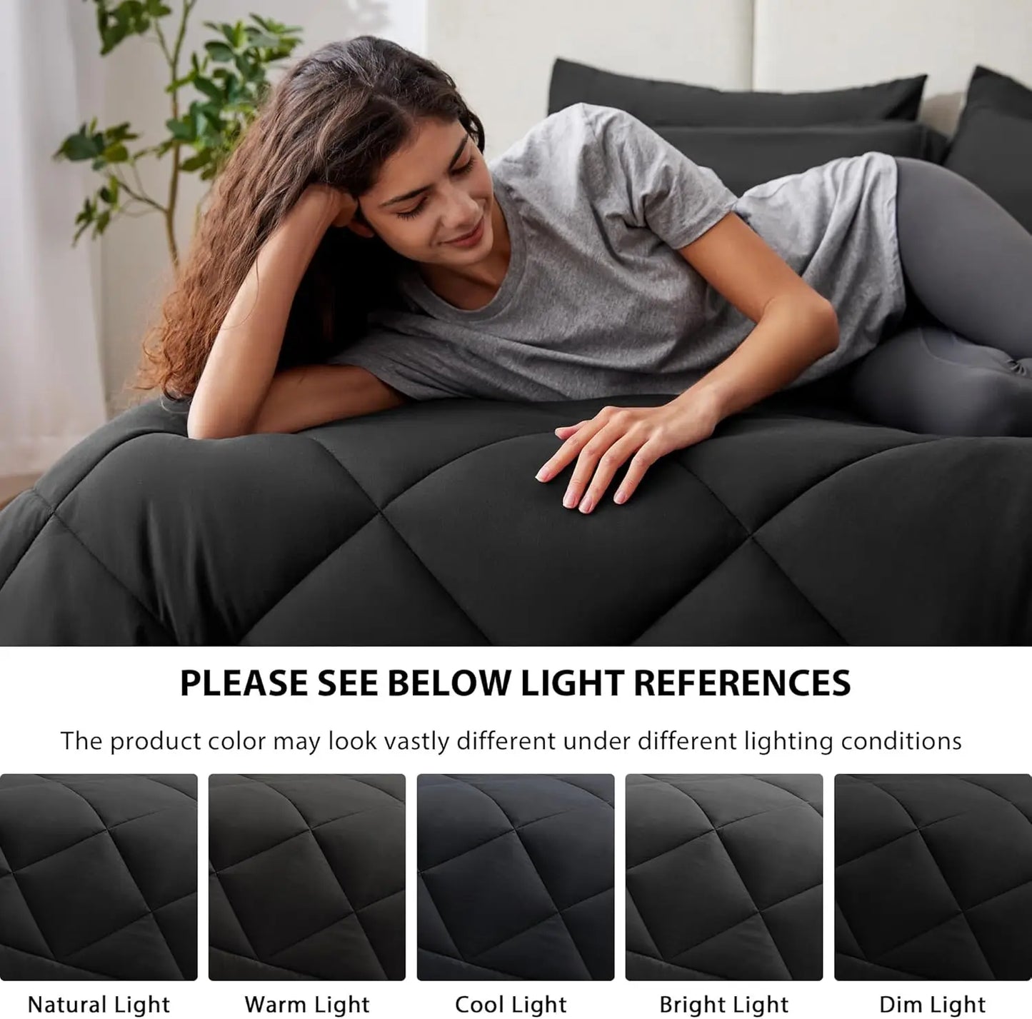 Queen Comforter Set Black, 7-Piece All Season Bedding with Comforter, Sheets, Pillowcases.