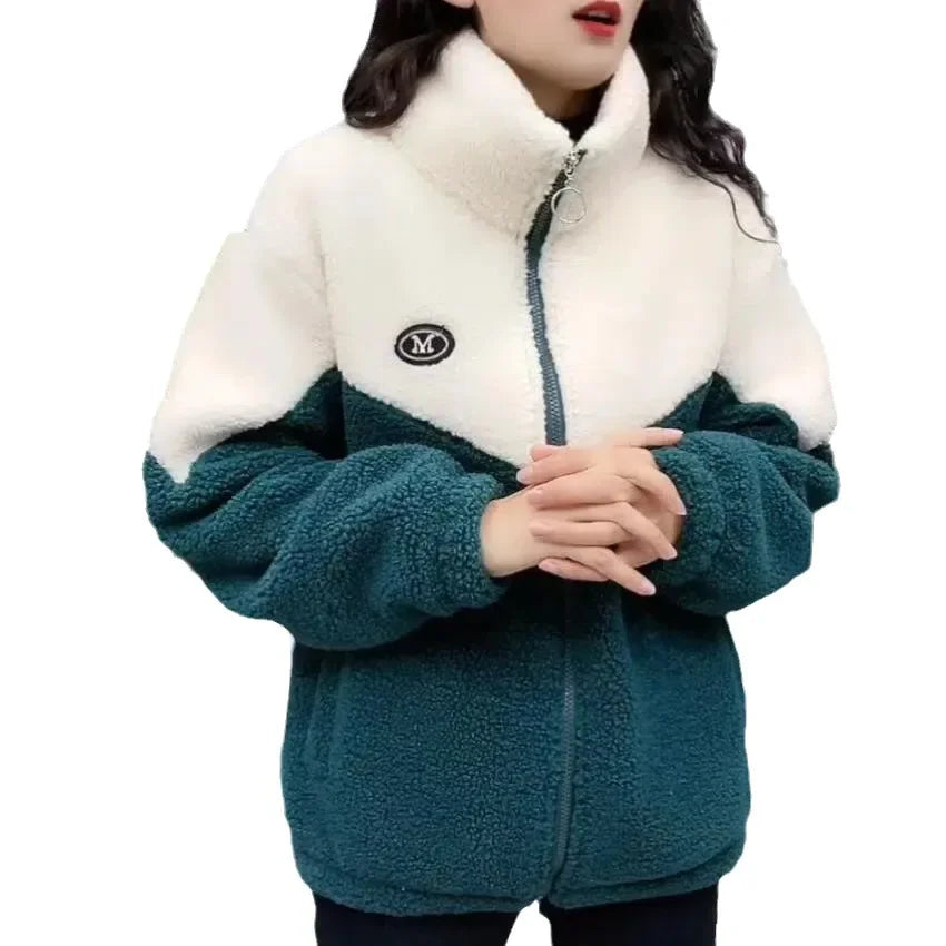 Women Jacket Thickened Lamb, Fleece Long Sleeve Mid Length Overcoat.