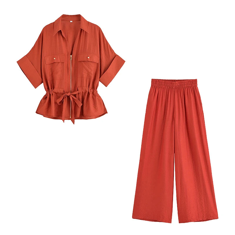 Women Fashion 2 Piece Set Solid Front Zipper Shirts & Vintage High Elastic Waist Trousers Female.