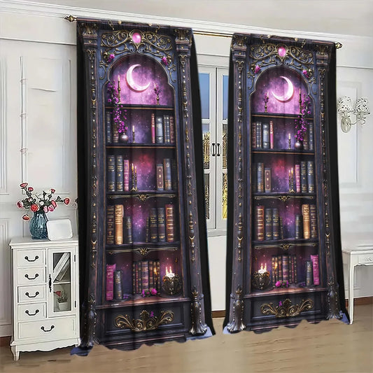 2 Pieces Vintage Gothic Bookcase Printed Curtain - Artistic Home Decoration Curtains.