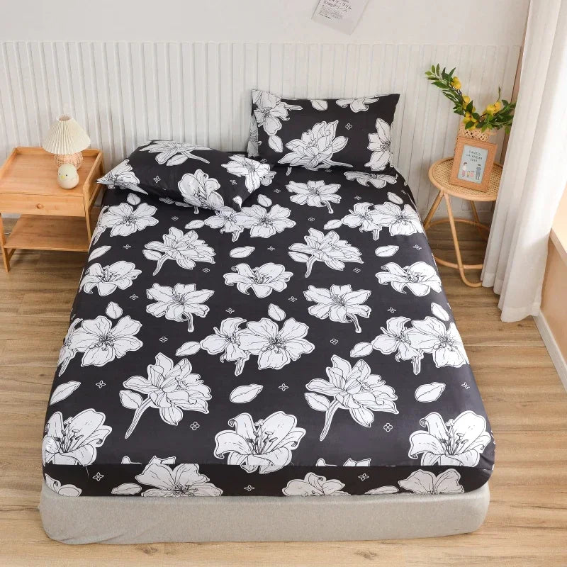 Twin Fitted Bed Sheet with Elastic Blue Flower Printed Bed Cover Single/Queen/King.